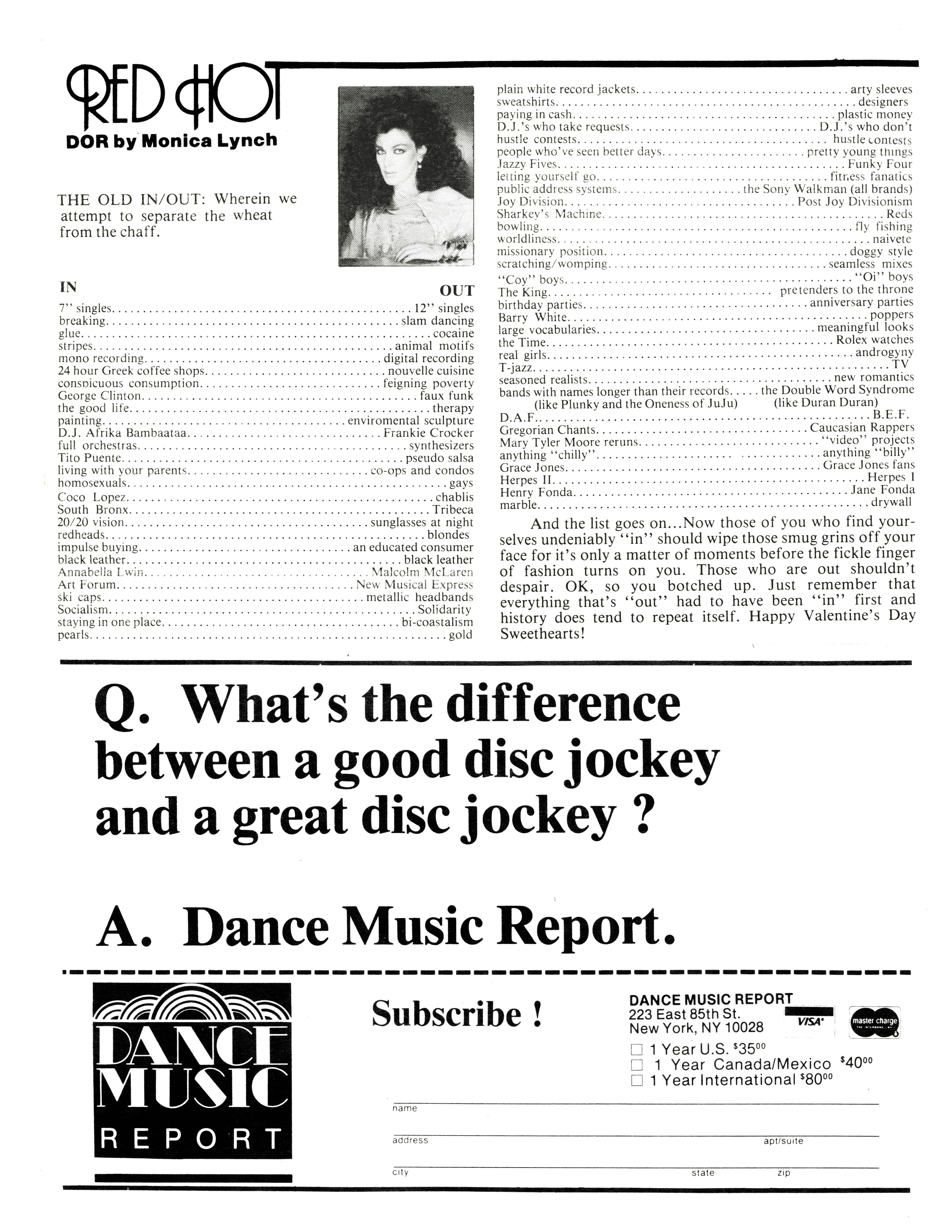 Monica’s column in <i>Dance Music Report</i>, July 1982.